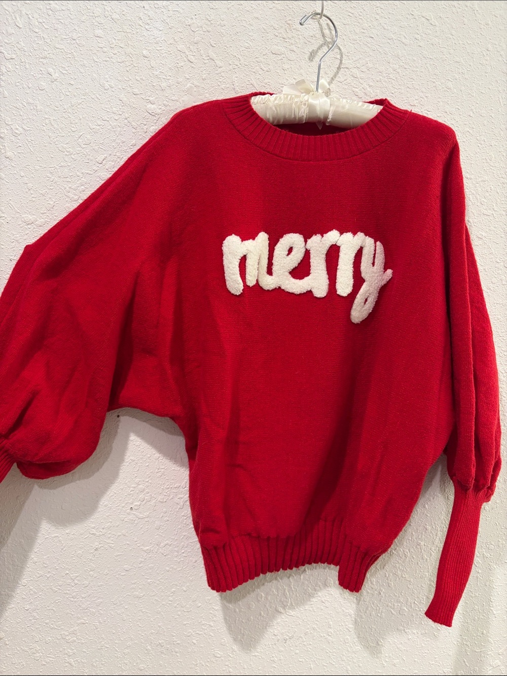 Amazon Red Crewneck Sweater with White 'merry' Appliqué